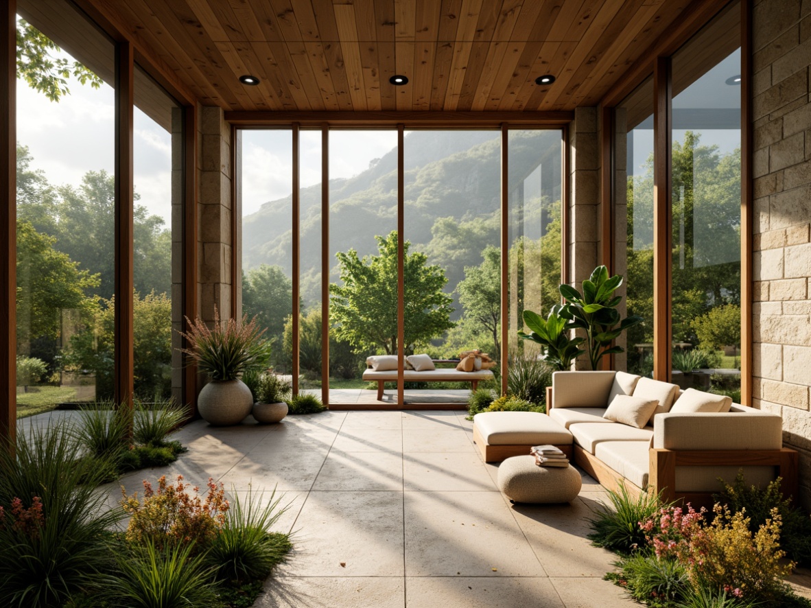 Prompt: Minimalist interior, large windows, sliding glass doors, natural stone walls, wooden accents, organic shapes, earthy tones, abundant greenery, lush plants, vibrant flowers, soft warm lighting, shallow depth of field, 1/1 composition, panoramic view, realistic textures, ambient occlusion, cozy reading nooks, comfortable seating areas, nature-inspired color palette, calming atmosphere, serene ambiance.