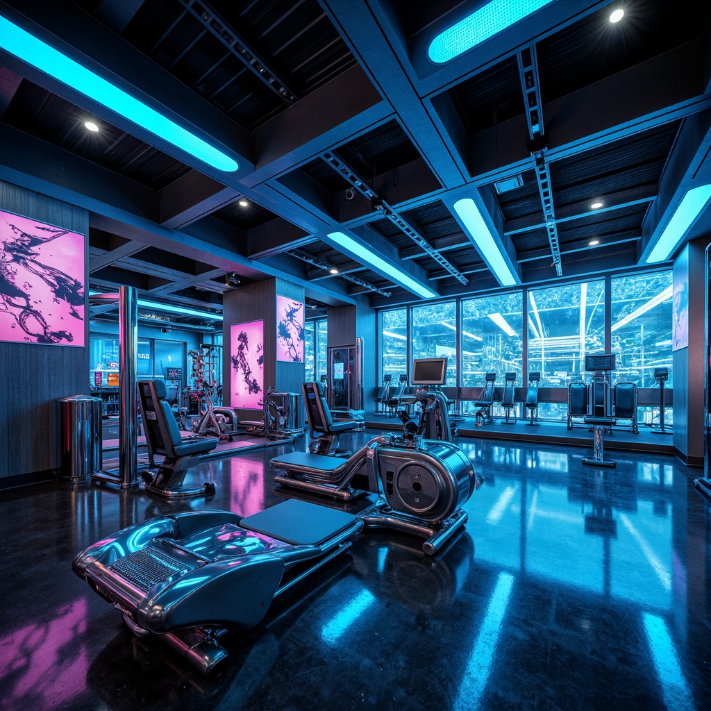 Prompt: Futuristic home gym, metallic surfaces, neon-lit accents, reflective chrome equipment, glossy black flooring, high-gloss paint finishes, LED strip lighting, ambient luminescence, minimalist decor, industrial-chic steel beams, reinforced glass walls, polished concrete floors, matte-finish exercise machines, sleek carbon fiber details, holographic display screens, cyberpunk-inspired color scheme, vibrant electric blue accents, futuristic sound system, immersive virtual reality experience, 3/4 composition, shallow depth of field, cinematic lighting.