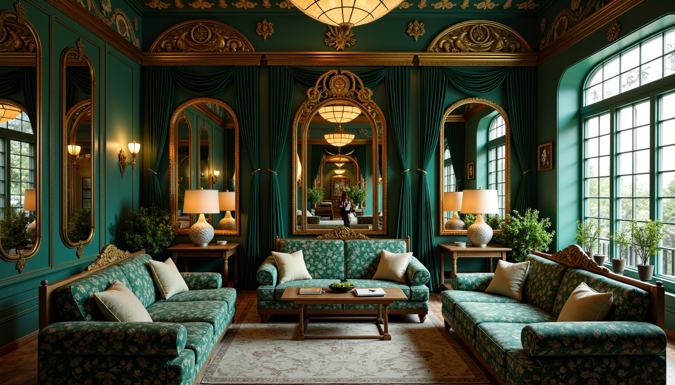 Prompt: Luxurious Art Nouveau interior, rich jewel-toned colors, emerald green walls, golden ornate mirrors, velvet drapes, intricate floral patterns, curved organic lines, sinuous shapes, opulent furnishings, polished wood accents, bronze metalwork, stained glass windows, soft warm lighting, 3/4 composition, shallow depth of field, realistic textures, ambient occlusion.