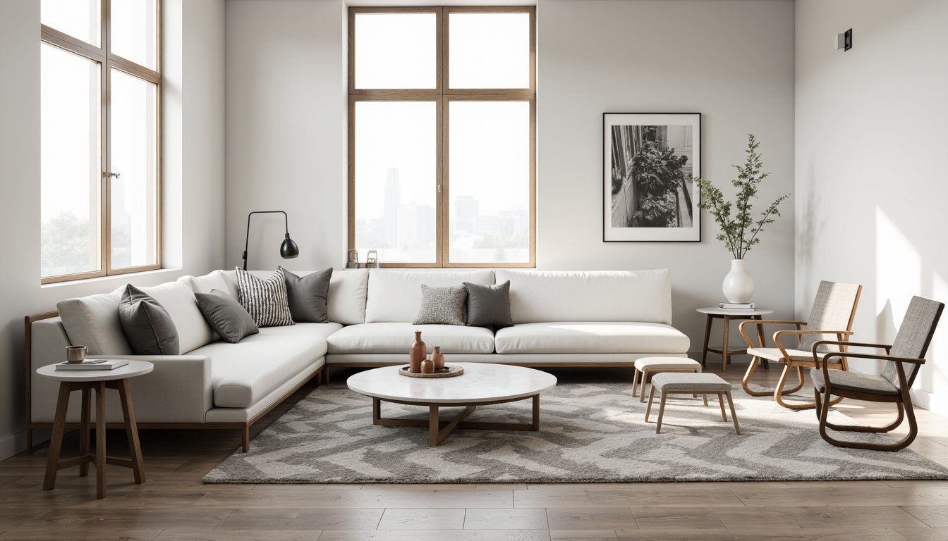 Prompt: Monochromatic living room, sleek low-profile sofas, minimalist coffee tables, Scandinavian-inspired wooden chairs, industrial metal floor lamps, geometric-patterned rugs, white marble side tables, subtle texture variations, soft warm lighting, shallow depth of field, 1/1 composition, realistic reflections, ambient occlusion, calm atmosphere, neutral color palette.