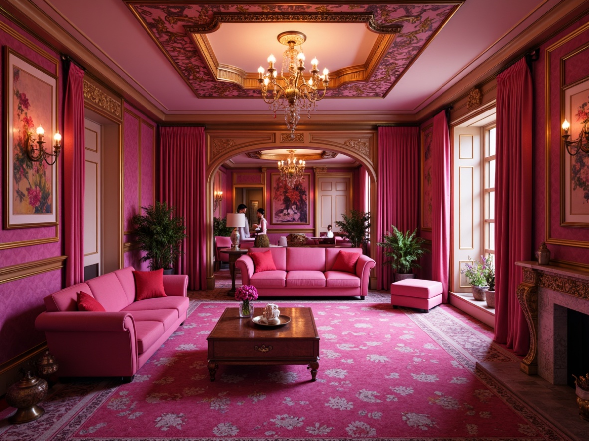 Prompt: Vibrant magenta accents, pastel pink hues, soft peach tones, rich gold metallic, luxurious velvet textures, ornate Baroque patterns, opulent furnishings, lavish decor, dramatic lighting effects, intense shadows, 1/2 composition, cinematic camera angles, moody atmospheric colors, mysterious ambiance.