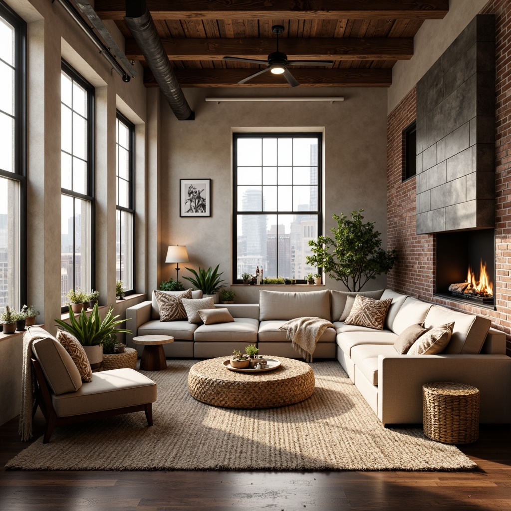 Prompt: Cozy loft apartment, plush area rugs, soft warm lighting, comfortable sectional sofas, woven baskets, natural fiber textiles, earthy tone color palette, rustic wooden accents, industrial metal beams, exposed brick walls, floor-to-ceiling windows, cityscape views, modern minimalist decor, geometric patterned throw pillows, faux fur blankets, crackling fireplace, aromatic scented candles, warm beige tones, inviting ambiance, shallow depth of field, 1/1 composition, realistic textures, ambient occlusion.