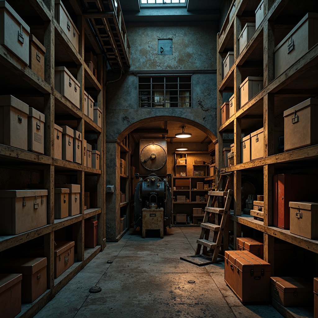 Prompt: Dark, mysterious storage room, industrial metal shelves, rusty machinery, old wooden crates, vintage luggage, distressed walls, exposed brick textures, dimly lit ambiance, warm golden lighting, shallow depth of field, 1/1 composition, realistic rust effects, ambient occlusion, worn leather straps, faded travel labels, eclectic retro decor, nostalgic color palette, earthy tones, muted blues, rusty reds, warm beige.