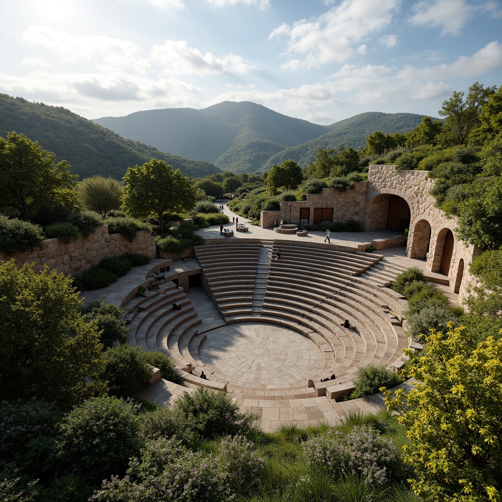 Prompt: Natural amphitheater setting, rolling hills, lush greenery, audience seating areas, stepped platforms, curved architecture, rustic stone walls, wooden accents, open sky above, warm sunny day, soft gentle breeze, optimal sound reflection, crystal-clear acoustics, speech clarity, music resonance, minimal echo, well-designed speaker systems, strategic microphone placement, audio-visual integration, comfortable audience experience, relaxed atmosphere, natural ambiance, subtle lighting effects, evening performances, starry night sky.