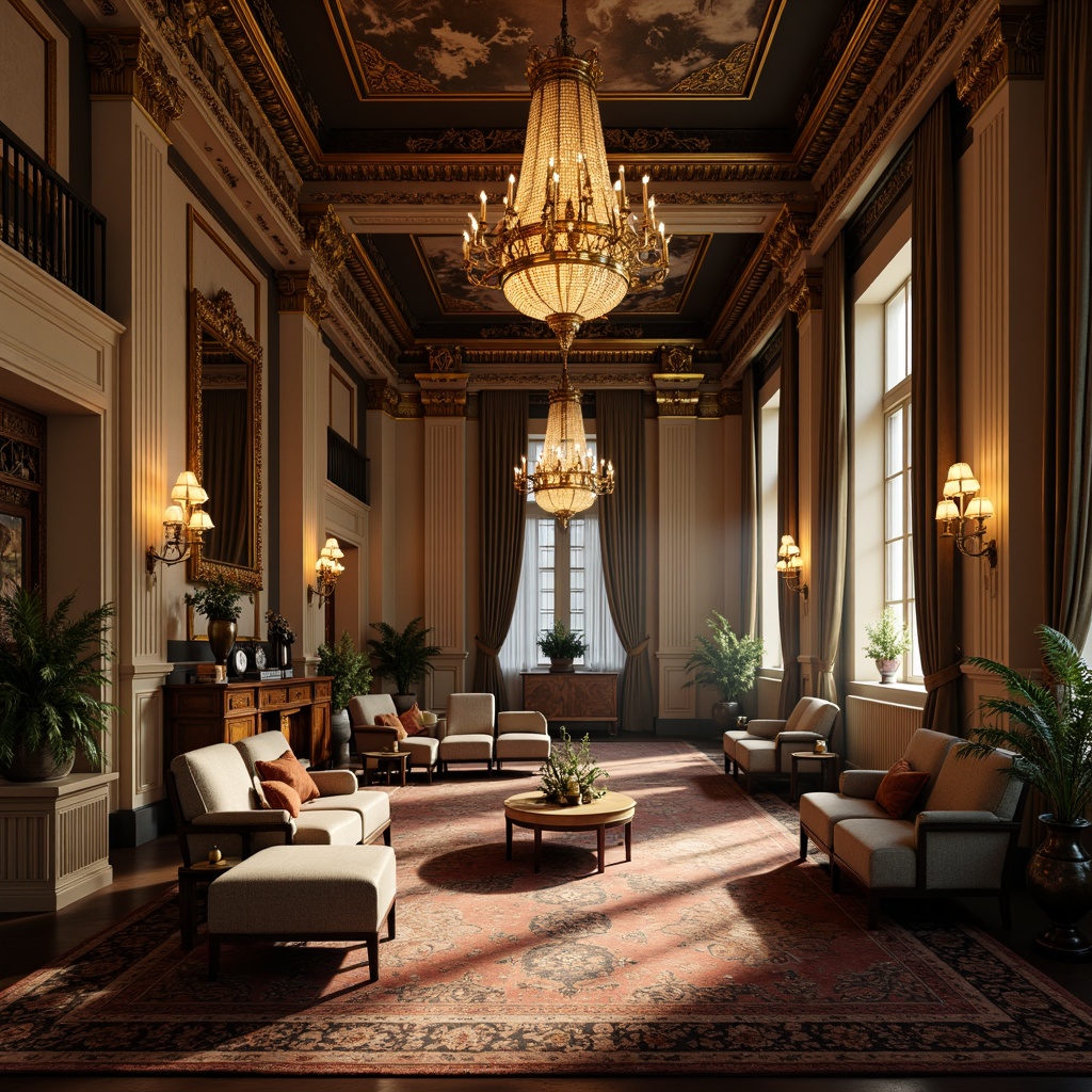 Prompt: Opulent classic interior, grand chandeliers, soft warm lighting, subtle shadows, elegant furnishings, rich textiles, ornate details, lavish fabrics, gilded frames, refined architectural elements, tall ceilings, spacious rooms, dramatic drapery, floor-to-ceiling windows, natural daylight, gentle glow, ambient illumination, chiaroscuro-inspired contrast, 1/2 composition, shallow depth of field, warm color palette, realistic reflections, detailed textures.