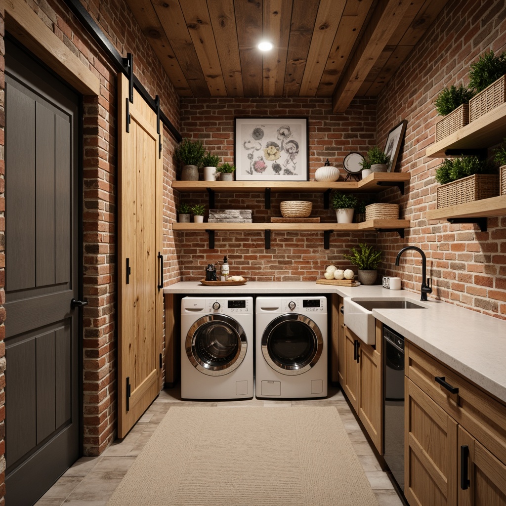 Prompt: Rustic laundry room, wooden cabinets, industrial metal shelves, woven baskets, natural stone countertops, earthy color palette, soft warm lighting, shallow depth of field, 3/4 composition, modern farmhouse style, distressed wood accents, vintage decorative items, functional storage solutions, hidden laundry facilities, sliding barn doors, farmhouse sink, exposed brick walls, cozy textiles, ambient occlusion.