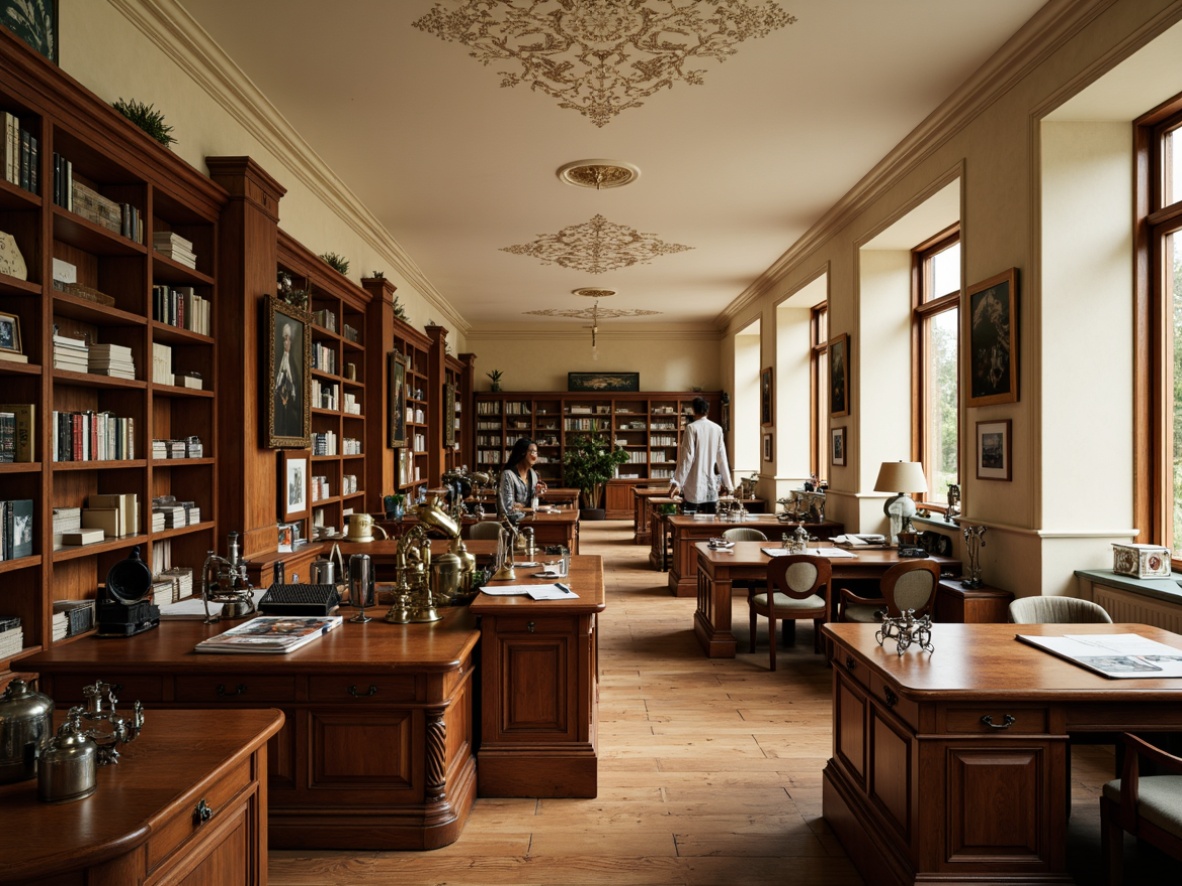 Prompt: Elegant laboratory interior, classic wooden furniture, polished metal equipment, antique scientific instruments, vintage microscopes, ornate ceiling details, cream-colored walls, rich wood paneling, spacious workstations, organized shelving units, soft warm lighting, subtle shadows, 1/1 composition, realistic textures, ambient occlusion, shallow depth of field.