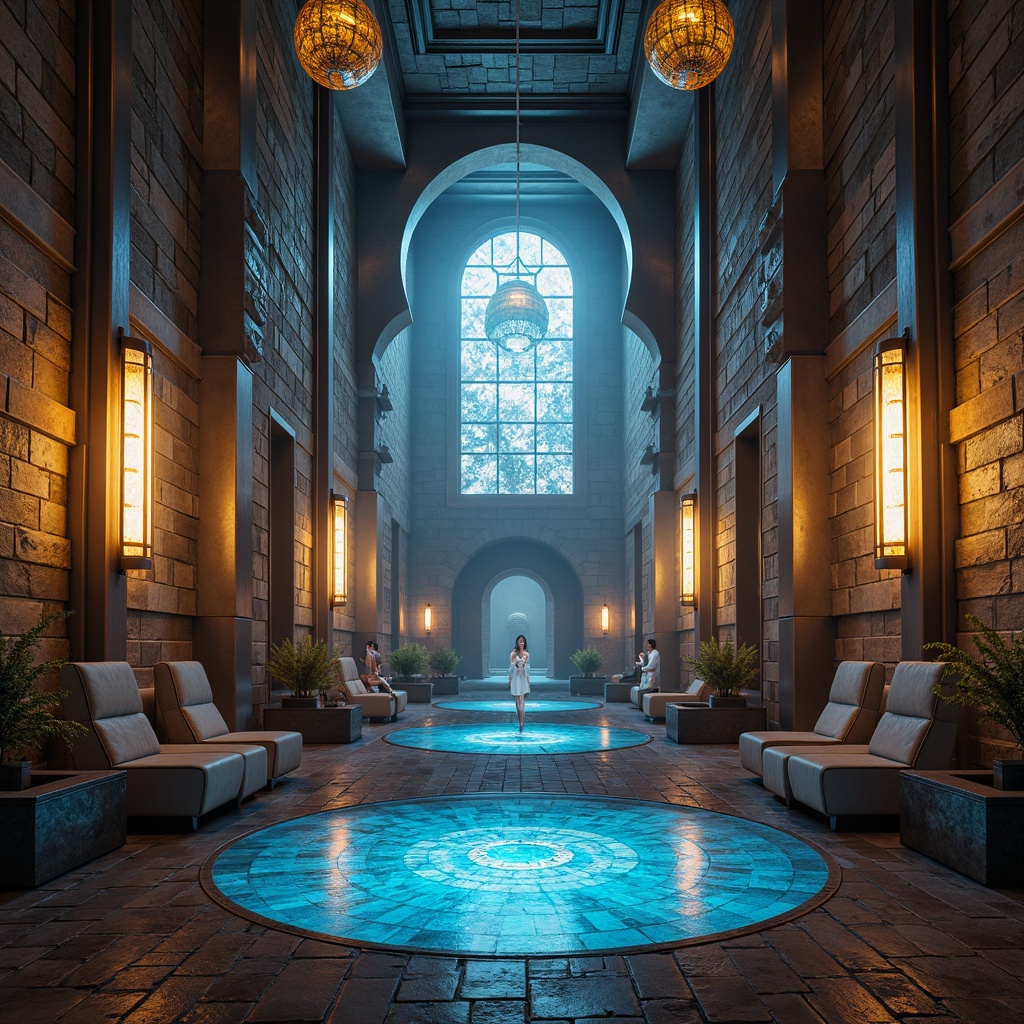 Prompt: Mystical monastery, futuristic architecture, metallic silver accents, neon blue highlights, warm golden lighting, ancient stone walls, modern minimalist interiors, sacred geometry patterns, holographic stained glass windows, ambient misty atmosphere, soft ethereal glow, shallow depth of field, 1/1 composition, cinematic view, realistic reflections, subtle ambient occlusion.