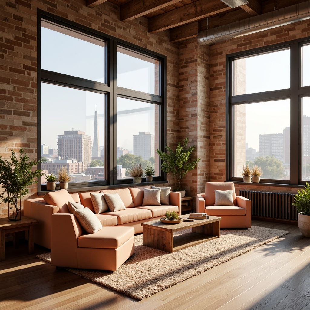 Prompt: Cozy loft interior, warm peach tones, soft creamy whites, rich wood accents, plush area rugs, modern minimalist furniture, industrial metal beams, reclaimed wooden walls, large windows, natural light pouring in, urban cityscape views, morning sunlight, gentle warm glow, shallow depth of field, 1/1 composition, realistic textures, ambient occlusion.