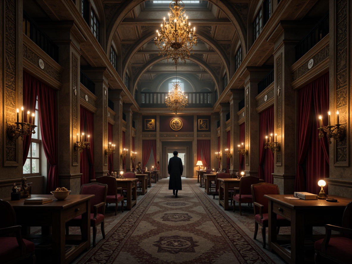 Prompt: Dark academia, mysterious ambiance, stone walls, vaulted ceilings, grandiose chandeliers, ornate wood paneling, rich velvet drapes, intricate carvings, mystical symbols, eerie lanterns, dramatic shadows, warm golden lighting, shallow depth of field, 1/2 composition, atmospheric fog, realistic textures, ambient occlusion.Let me know if you need any adjustments!