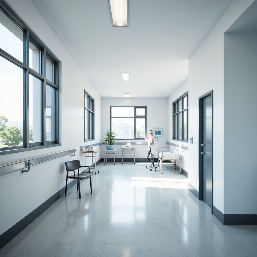 Prompt: Sterile hospital corridors, minimalistic design, clean white walls, polished metal handrails, large windows, natural light, modern medical equipment, sleek furniture, rounded corners, hygienic flooring, subtle color schemes, calming atmosphere, soft ambient lighting, shallow depth of field, 3/4 composition, realistic textures, ambient occlusion.