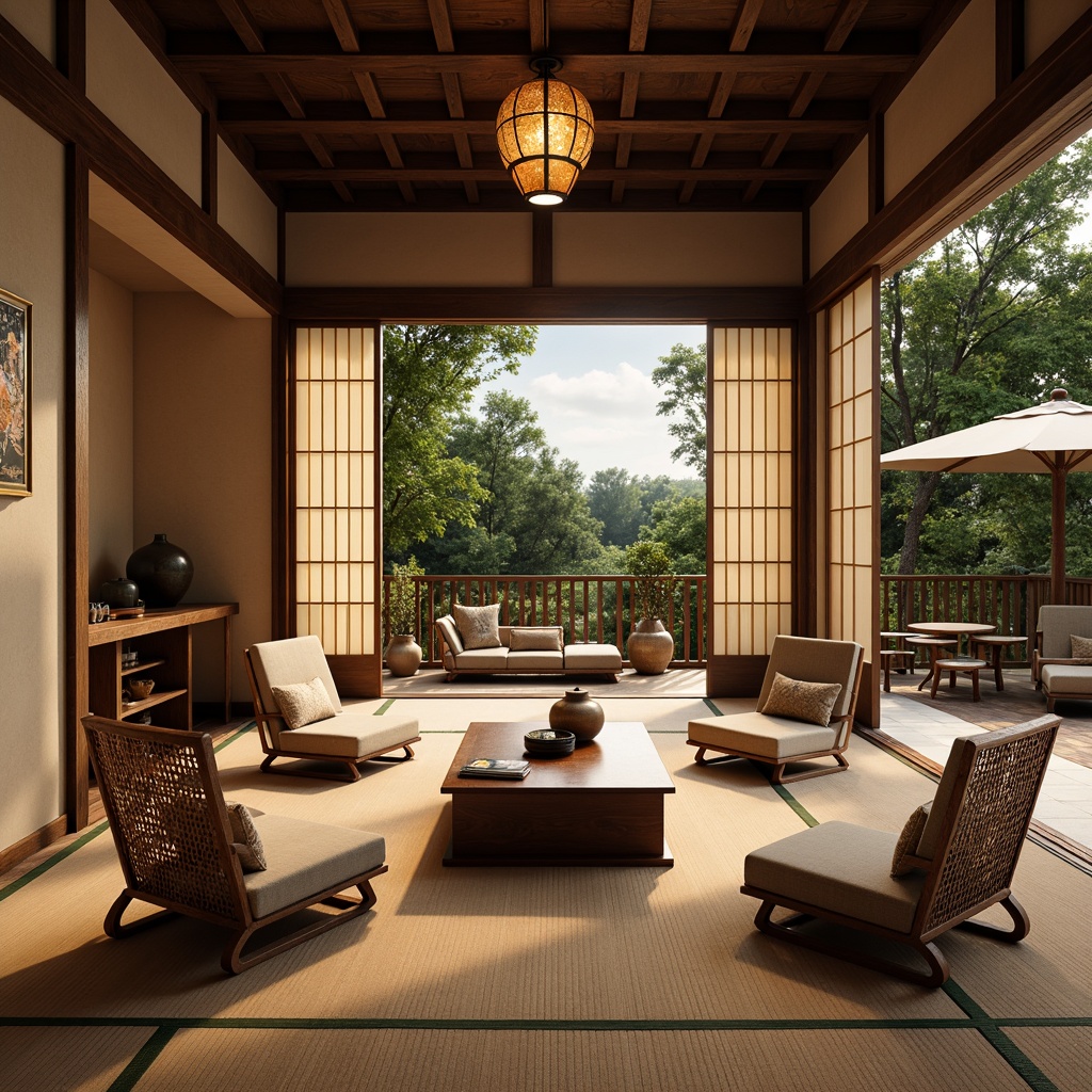 Prompt: Cozy Asian-style living room, traditional Tatami mats, Shoji screens, sliding doors, low-seating furniture, woven bamboo chairs, intricately carved wooden coffee tables, ornate paper lanterns, natural fiber rugs, earthy tone color palette, soft warm lighting, subtle textures, 1/1 composition, intimate atmosphere, serene ambiance, Japanese-inspired minimalism, hand-painted ceramic vases, delicate flower arrangements, tranquil water features.