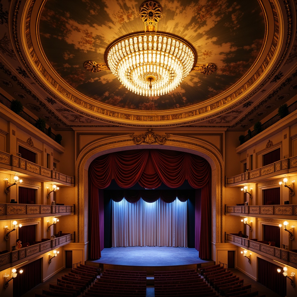 Prompt: Opulent theater interior, neoclassical architecture, grand chandelier, crystal droplets, soft warm lighting, golden accents, intricate moldings, velvet drapes, ornate balconies, frescoed ceiling, marble columns, lavish furnishings, rich textiles, dramatic spotlights, subtle color temperature, high contrast ratio, cinematic ambiance, 1/2 composition, shallow depth of field, realistic shadows, detailed reflections.