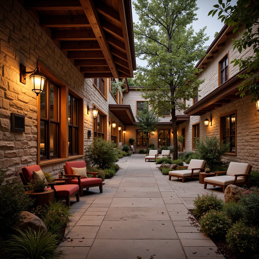 Prompt: Warm campus courtyard, rustic stone walls, wooden accents, vintage lanterns, soft warm lighting, cozy reading nooks, comfortable seating areas, natural textures, earthy color palette, wooden beams, exposed brick ceilings, craftsman-style furniture, traditional ornaments, pendant lamps, table lamps, floor lamps, warm color tones, inviting ambiance, 1/1 composition, shallow depth of field, realistic shadows, ambient occlusion.