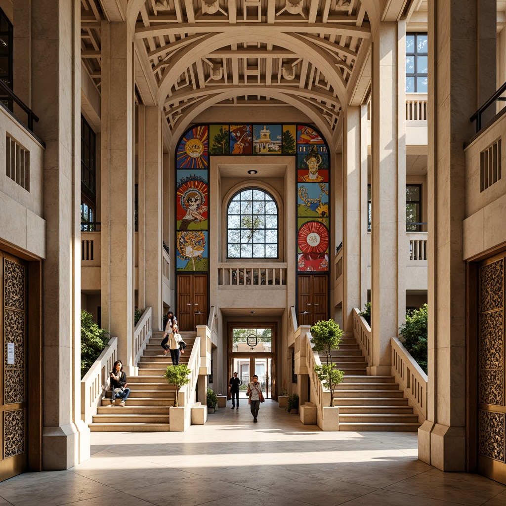 Prompt: Grand courthouse entrance, monumental stone columns, ornate metal doors, intricate clock towers, bold geometric shapes, vibrant colorful murals, irregular building forms, playful use of historical references, eclectic mix of materials, granite walls, bronze details, grand staircases, high ceilings, large windows, natural light, warm beige tones, 1/1 composition, shallow depth of field, realistic textures, ambient occlusion.