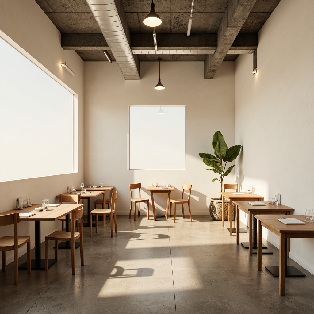 Prompt: Minimalist dining hall, sleek wooden tables, simple chairs, creamy white walls, polished concrete floors, industrial chic lighting fixtures, exposed ductwork, pendant lamps, recessed ceiling lights, warm soft glow, subtle shadows, 1/1 composition, symmetrical framing, natural textures, ambient occlusion, morning light, airy atmosphere.