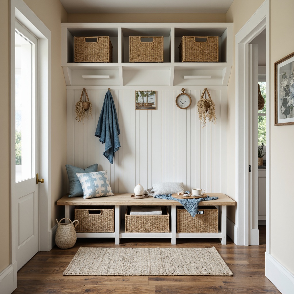 Prompt: Coastal-style mudroom, natural driftwood furniture, woven sea grass baskets, soft blue and white color palette, nautical rope accents, distressed wood bench, wicker storage units, coral-inspired decorative accents, shell-patterned textiles, ocean-breeze inspired lighting, soft focus photography, 1/2 composition, warm beige walls, reclaimed wood flooring, natural fiber rugs, minimalist decor, functional shelving, beachy keen atmosphere, serene ambiance.