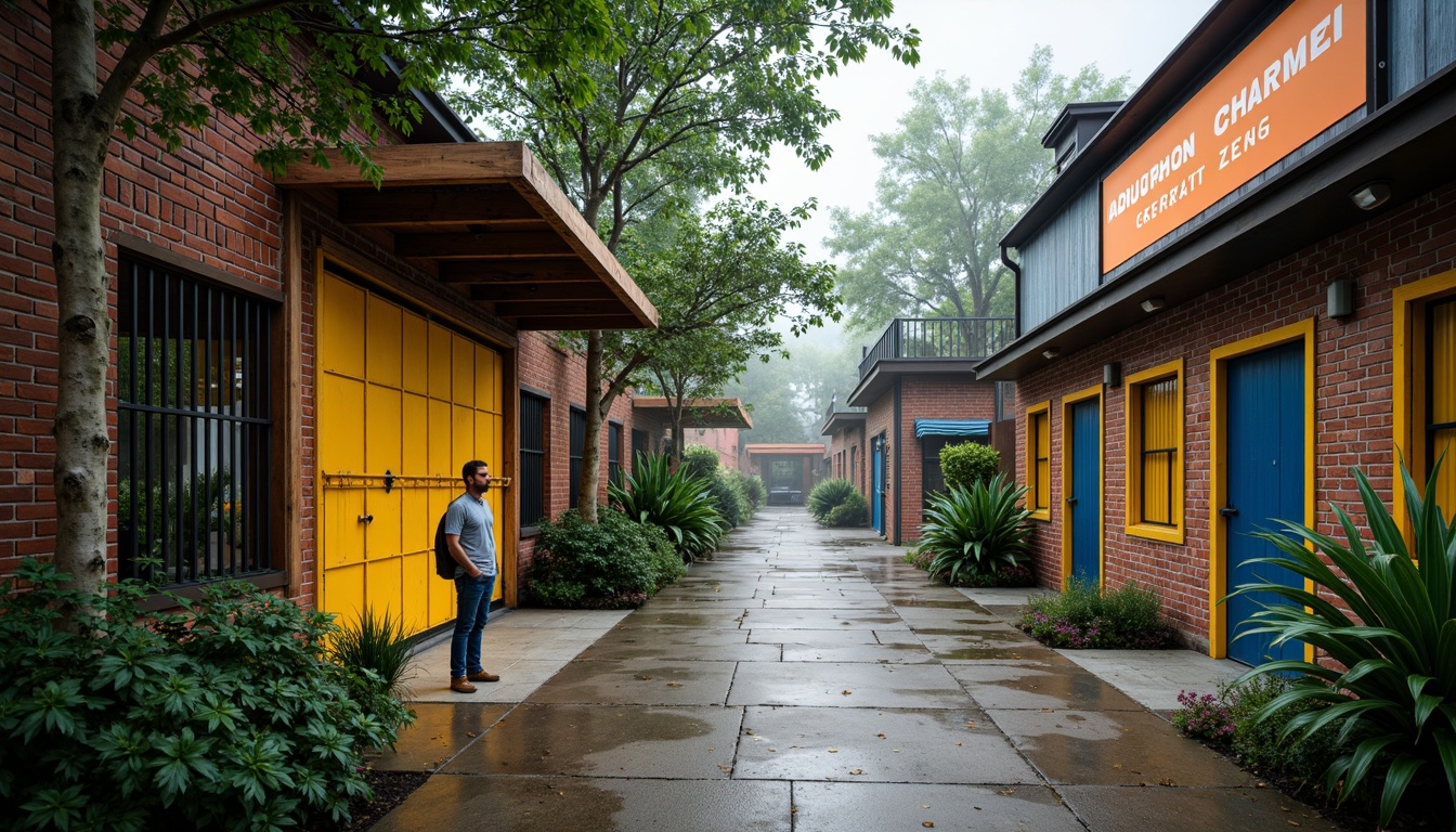 Prompt: Rustic industrial zoo, exposed brick walls, metal beams, distressed wood accents, bold primary colors, bright yellow gates, deep blue railings, vibrant orange signage, weathered steel roofs, natural stone flooring, concrete pathways, lush greenery, tropical plants, misty atmosphere, warm soft lighting, shallow depth of field, 1/1 composition, symmetrical framing, realistic textures, ambient occlusion.