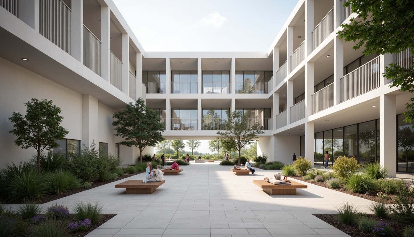 Prompt: Spacious high school courtyard, minimalist architecture, clean lines, simple shapes, monochromatic color scheme, natural stone flooring, wooden benches, abundant greenery, floor-to-ceiling windows, transparent glass doors, open-air corridors, modern lighting fixtures, subtle textures, soft ambient lighting, shallow depth of field, 3/4 composition, panoramic view, realistic renderings.