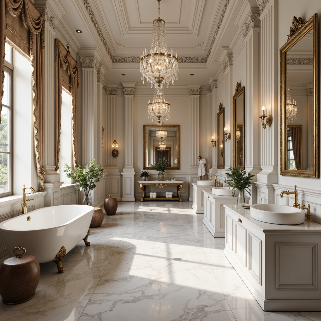 Prompt: Elegant bathroom, marble countertops, ornate gold faucets, crystal chandeliers, freestanding tubs, vintage-inspired sink basins, Carrara white marble flooring, soft warm lighting, subtle shadows, 1/1 composition, symmetrical arrangement, classical columns, intricate moldings, luxurious textiles, ornamental mirrors, antique bronze hardware, subtle patina effects, realistic reflections, ambient occlusion.