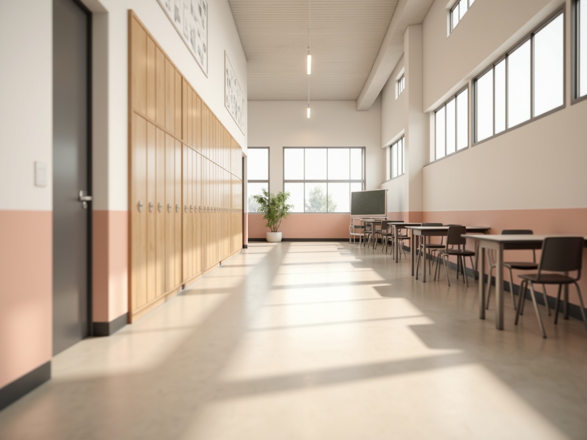 Prompt: Monochromatic high school hallways, clean white walls, minimalist lockers, subtle wooden accents, pastel-colored classrooms, soft peach tones, creamy beige floors, modern metal chairs, sleek blackboards, natural light pouring in, shallow depth of field, 1/1 composition, realistic textures, ambient occlusion.