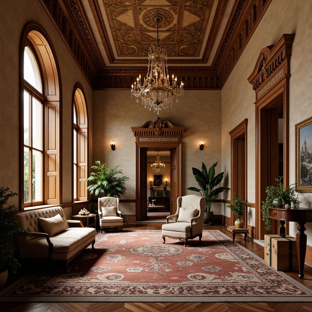 Prompt: Elegant Renaissance-style interior, rich wood tones, ornate furnishings, classic Italianate architecture, grand chandeliers, high ceilings, decorative moldings, warm beige walls, luxurious fabrics, intricate patterns, hardwood flooring, walnut planks, herringbone design, distressed finishes, antique furniture, vintage accessories, soft warm lighting, shallow depth of field, 1/1 composition, realistic textures, ambient occlusion.