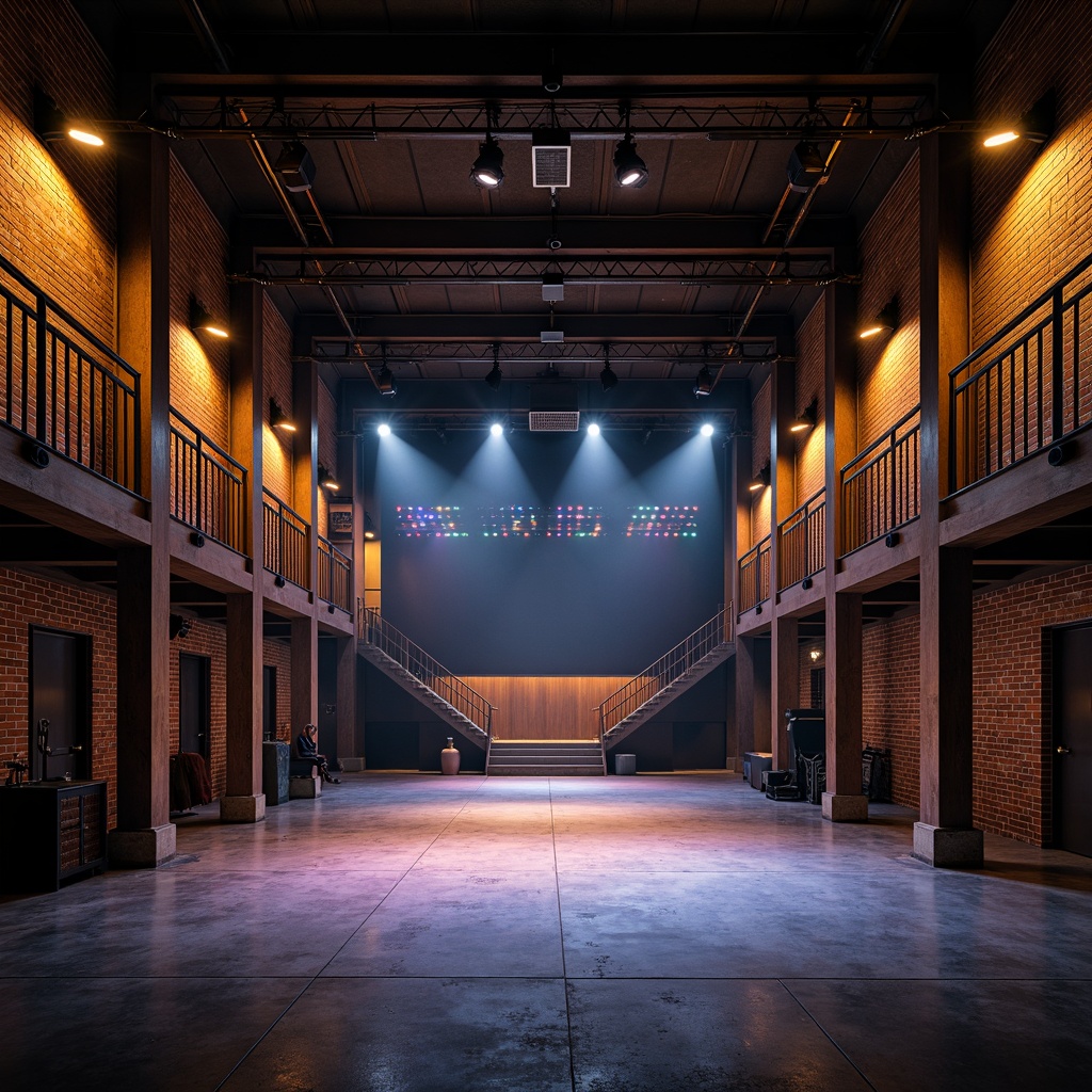 Prompt: Industrial theater interior, exposed brick walls, metallic beams, concrete floors, industrial-style lighting fixtures, spotlights, floodlights, dimmable LED strips, color-changing stage lights, catwalks, stairs, metal railings, minimalist decor, functional aesthetics, high ceilings, open spaces, dramatic shadows, warm golden lighting, cool blue tones, 1/1 composition, low-angle shots, cinematic mood, realistic textures, ambient occlusion.