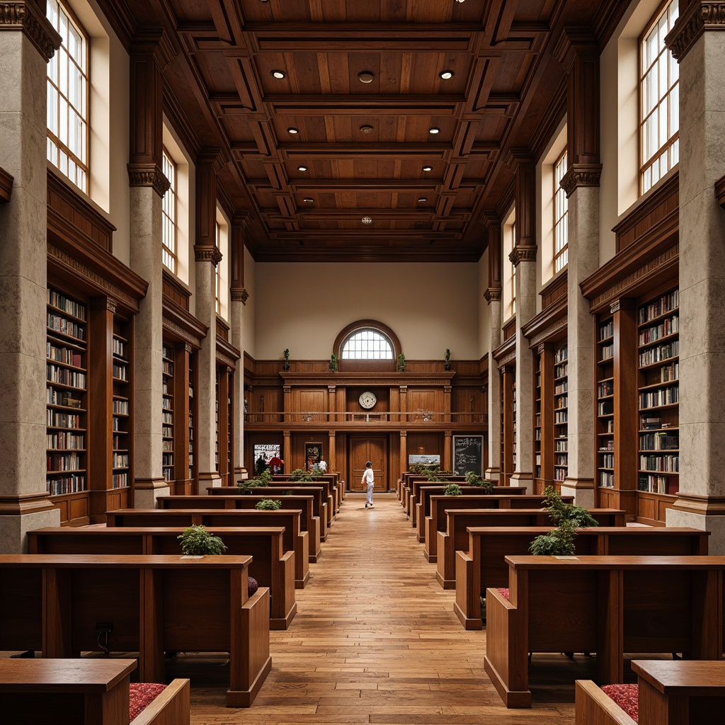 Prompt: Elegant lecture halls, rich wood paneling, polished hardwood floors, comfortable cushioned seating, sophisticated neutral tones, subtle texture contrasts, refined metallic accents, classic library ladders, stately stone columns, dramatic high ceilings, abundant natural light, soft warm lighting, 1/1 composition, realistic textures, ambient occlusion.