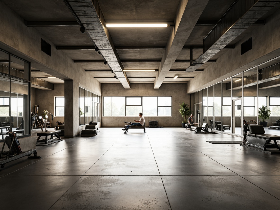 Prompt: Minimalist gymnasium interior, open space concept, natural light pouring in, polished concrete floors, industrial metal beams, sleek glass partitions, simple geometric shapes, monochromatic color scheme, subtle textures, modern fitness equipment, free weights, exercise machines, mirrored walls, high ceilings, urban loft atmosphere, airy ambiance, soft warm lighting, shallow depth of field, 3/4 composition, panoramic view, realistic reflections.