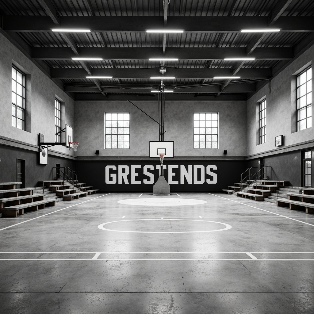 Prompt: Monochromatic gym interior, industrial chic aesthetic, concrete flooring, minimal ornamentation, functional lighting, bold typography, athletic equipment, basketball hoops, wooden bleachers, natural ventilation, abundant daylight, softbox shadows, 1/1 composition, symmetrical framing, desaturated colors, muted tones, neutral background, subtle textures, ambient occlusion.