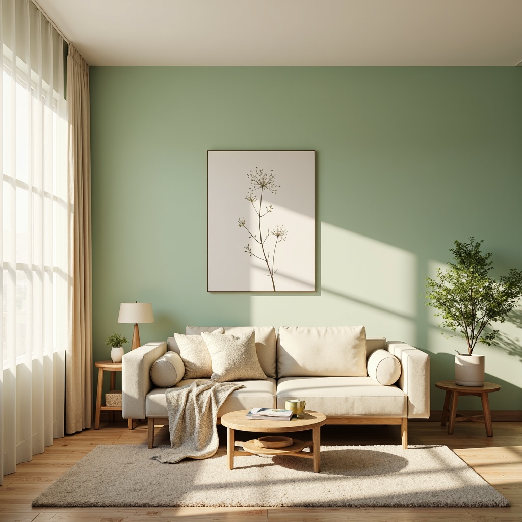 Prompt: Pastel-hued living room, light green accent walls, natural wood furniture, plush velvet sofa, minimalist decor, soft warm lighting, morning sunlight, creamy white curtains, delicate flower patterns, subtle texture overlays, cozy atmosphere, intimate space, shallow depth of field, 1/1 composition, realistic rendering, ambient occlusion.