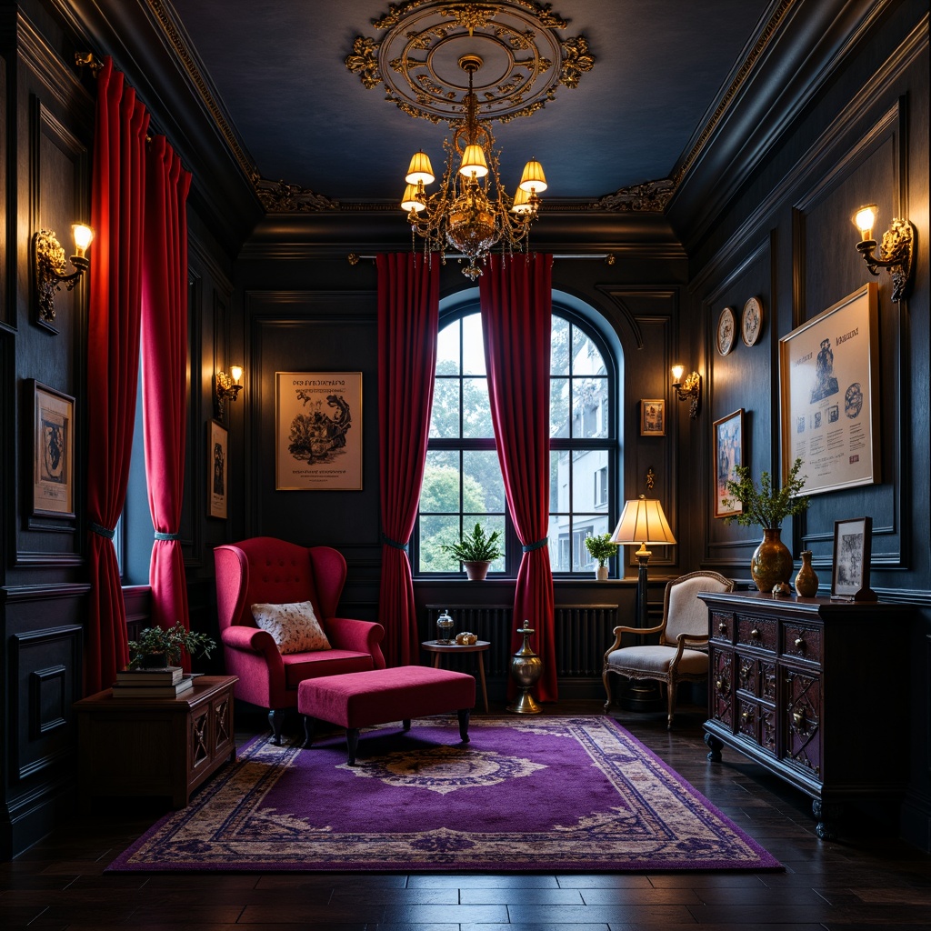 Prompt: Dark academia-inspired kids' room, mysterious Gothic style, rich wood accents, ornate furniture, velvety black walls, crimson red curtains, midnight blue ceiling, golden lighting fixtures, intricate stone carvings, eerie shadows, mystical atmosphere, vintage educational posters, old leather-bound books, mysterious ancient artifacts, dimly lit reading nook, cozy velvet armchair, luxurious purple rug, lavish drapery, dramatic archways, grandiose chandeliers, warm candlelight, 1/2 composition, soft focus, cinematic mood.