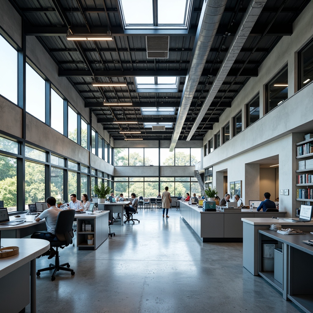 Prompt: Modern science center, sleek metal framework, exposed ductwork, polished concrete floors, high ceilings, abundant natural light, LED lighting systems, suspended fixtures, adjustable beam angles, warm color temperatures, energy-efficient solutions, sensor-controlled illumination, flexible workspaces, collaborative research areas, futuristic laboratory equipment, glass partitions, minimalist decor, industrial-style shelving, stainless steel countertops, epoxy-coated tables, ergonomic seating, task-oriented lighting, 1/1 composition, softbox lighting, subtle shadows.