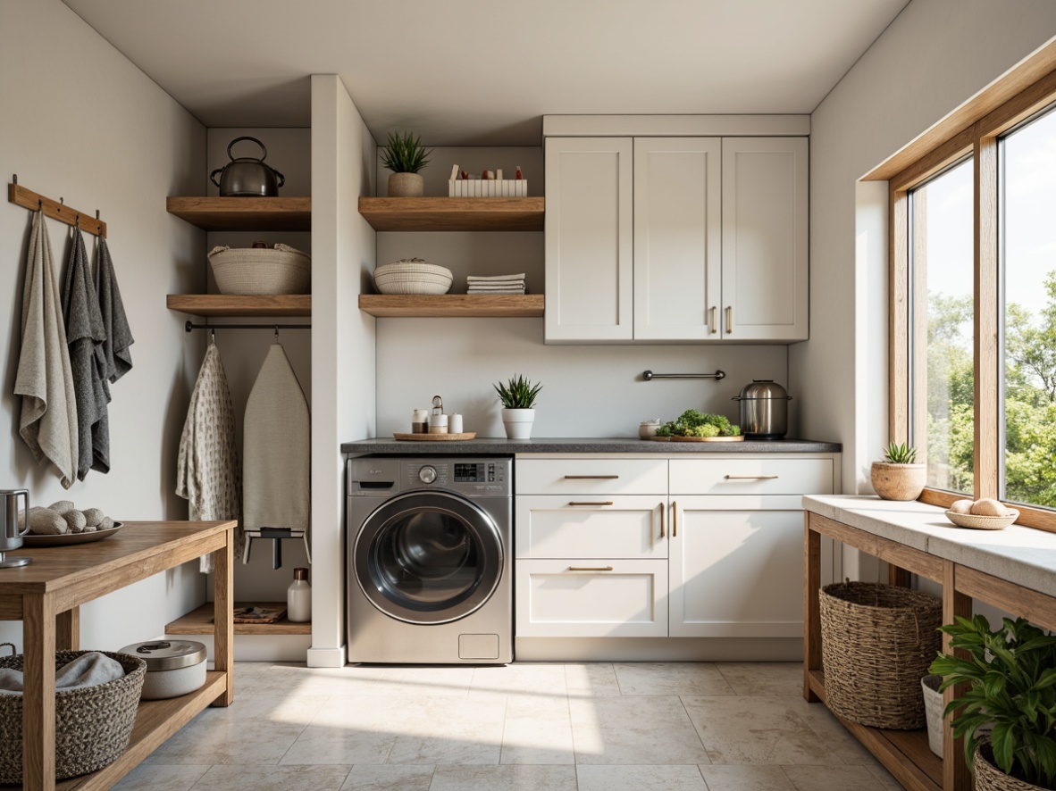 Prompt: Cozy laundry room, modern farmhouse style, soft pastel colors, rustic wood accents, stainless steel appliances, ample storage cabinets, open shelving, ironing board station, hanging rods, built-in folding table, natural stone flooring, large windows, warm ambient lighting, 1/2 composition, shallow depth of field, realistic textures, ambient occlusion.