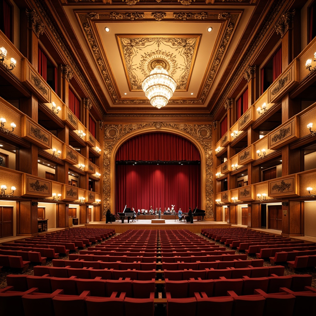 Prompt: Elegant concert hall, rich wood tones, ornate chandeliers, warm golden lighting, plush red velvet seats, polished wooden floors, intricate moldings, grand pianos, soft box seating, dramatic stage lighting, LED spotlights, dimmable house lights, warm color temperature, high ceilings, ornate balconies, decorative railings, luxurious fabrics, sophisticated ambiance, evening atmosphere, shallow depth of field, 1/1 composition, realistic textures, ambient occlusion.