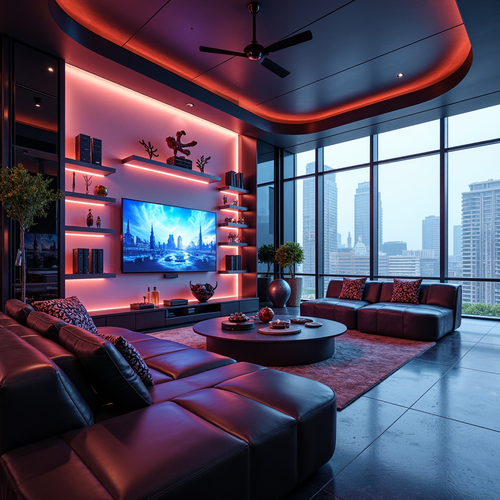 Prompt: Futuristic living room, sleek low-profile sofa, metallic coffee table, minimalist TV stand, neon-lit shelves, holographic decorative panels, curved lines, avant-garde sculptures, retro-futuristic chairs, bold color schemes, glossy finishes, ambient LED lighting, 3D-printed decorations, virtual reality integration, futuristic cityscape views, floor-to-ceiling windows, minimalist flooring, high-tech gadgets, cyberpunk-inspired accents.