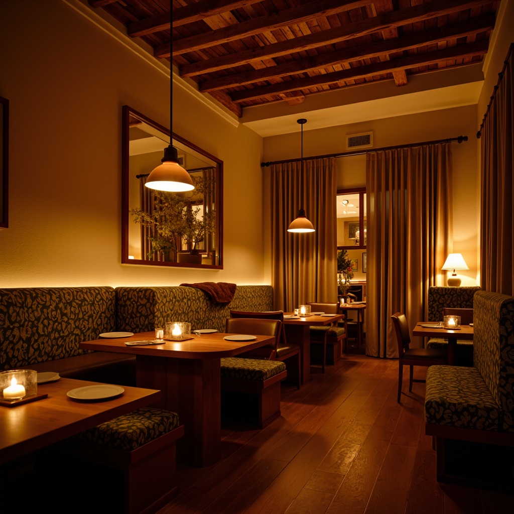 Prompt: Warm and inviting restaurant ambiance, soft golden lighting, dimmable LED lights, pendant lamps, cozy nooks, rustic wooden accents, plush furnishings, earthy color palette, candlelit tables, warm beige walls, rich wood tones, comfortable seating areas, intimate corner booths, floor-to-ceiling curtains, ambient glow, subtle shadows, 1/2 composition, shallow depth of field, warm and soft lighting ratio.