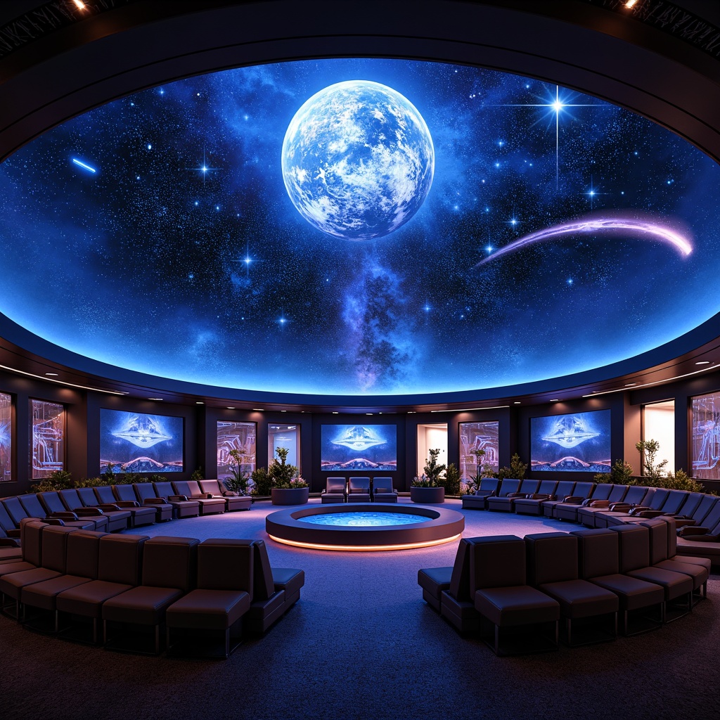 Prompt: Dome-shaped planetarium, starry night sky, futuristic ambiance, celestial bodies, glowing constellations, spherical screens, surround sound systems, plush reclining seats, curved rows of seating, atmospheric lighting, deep blues and purples, metallic accents, geometric patterns, iridescent materials, holographic projections, 360-degree views, soft gradient effects, shallow depth of field, 1/1 composition, cinematic feel, realistic textures, ambient occlusion.