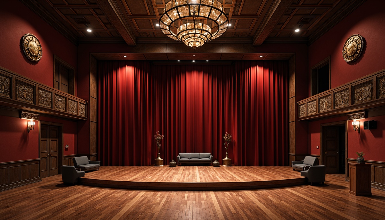 Prompt: Polished hardwood floors, dark-stained wooden stage, crimson red velvet curtains, spotlights, grand chandeliers, ornate balconies, plush theater seating, acoustic soundproofing, soft padded walls, richly textured carpets, luxurious marble lobby, gleaming metal handrails, elegant staircase, dramatic high ceilings, flexible LED lighting, versatile performance space, adaptable seating arrangements, state-of-the-art sound systems.