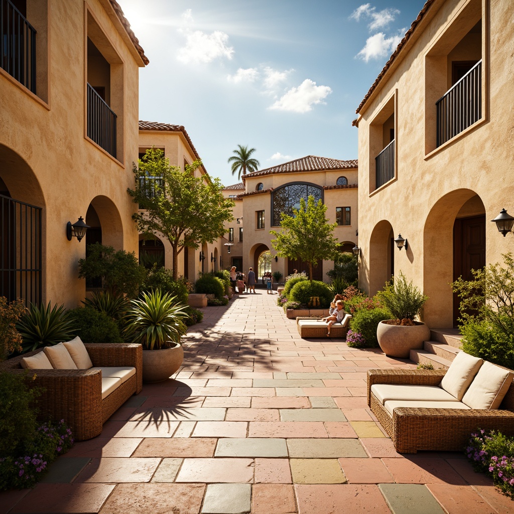 Prompt: Vibrant play area, Mediterranean-style architecture, warm beige stone walls, curved archways, ornate iron gates, colorful ceramic tiles, lush greenery, palm trees, blooming flowers, rustic wooden benches, woven rattan furniture, soft golden lighting, shallow depth of field, 3/4 composition, panoramic view, realistic textures, ambient occlusion.