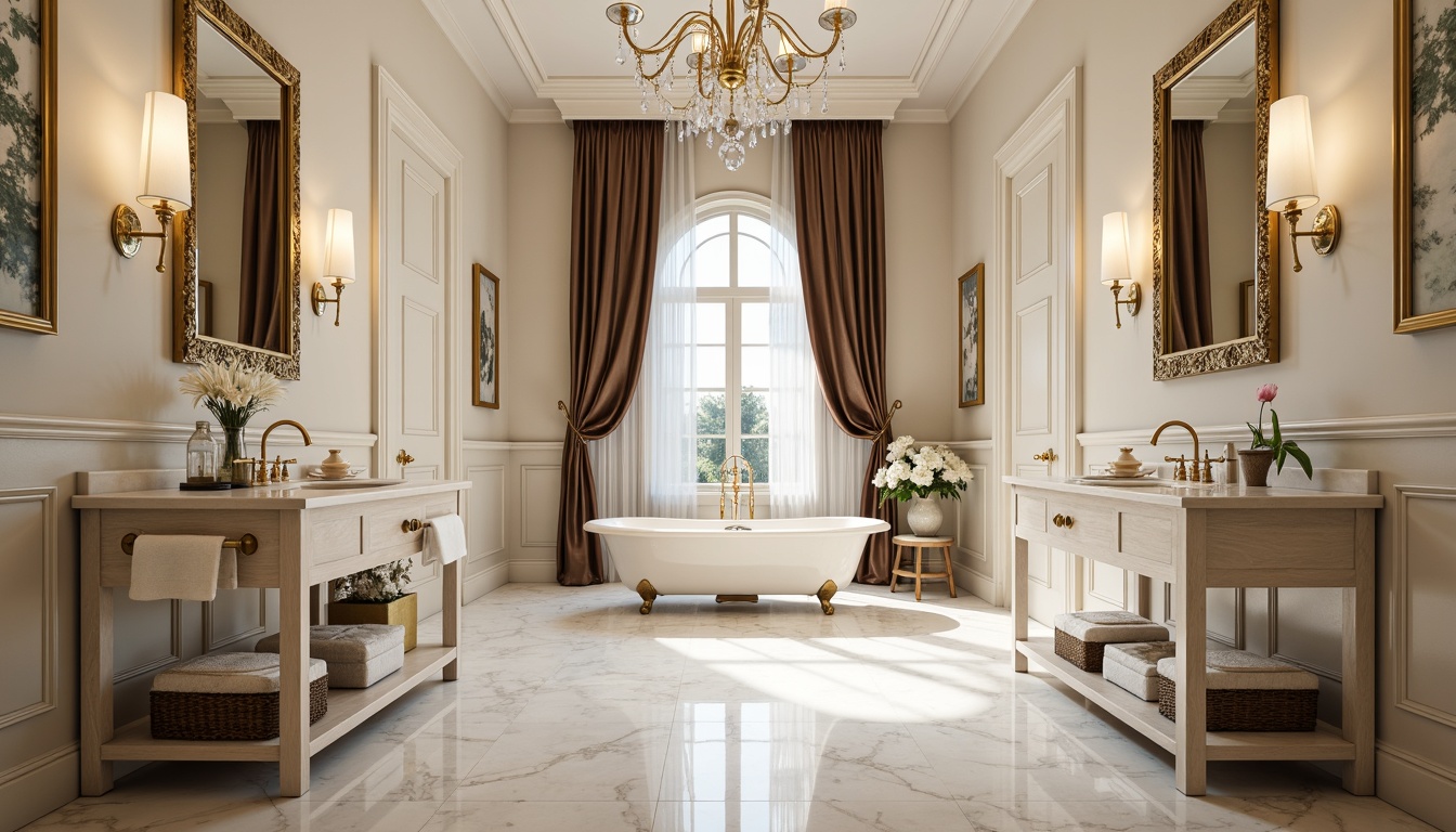 Prompt: Elegant bathroom, marble countertops, white Carrara flooring, ornate mirrors, gold-plated faucets, crystal chandeliers, soft warm lighting, subtle shadows, luxurious textiles, velvet drapes, classic Roman architecture, neutral color palette, cream-colored walls, polished chrome fixtures, freestanding tubs, natural stone vanities, intricate moldings, ornamental cornices, sophisticated ambiance, 1/1 composition, soft focus, realistic reflections.