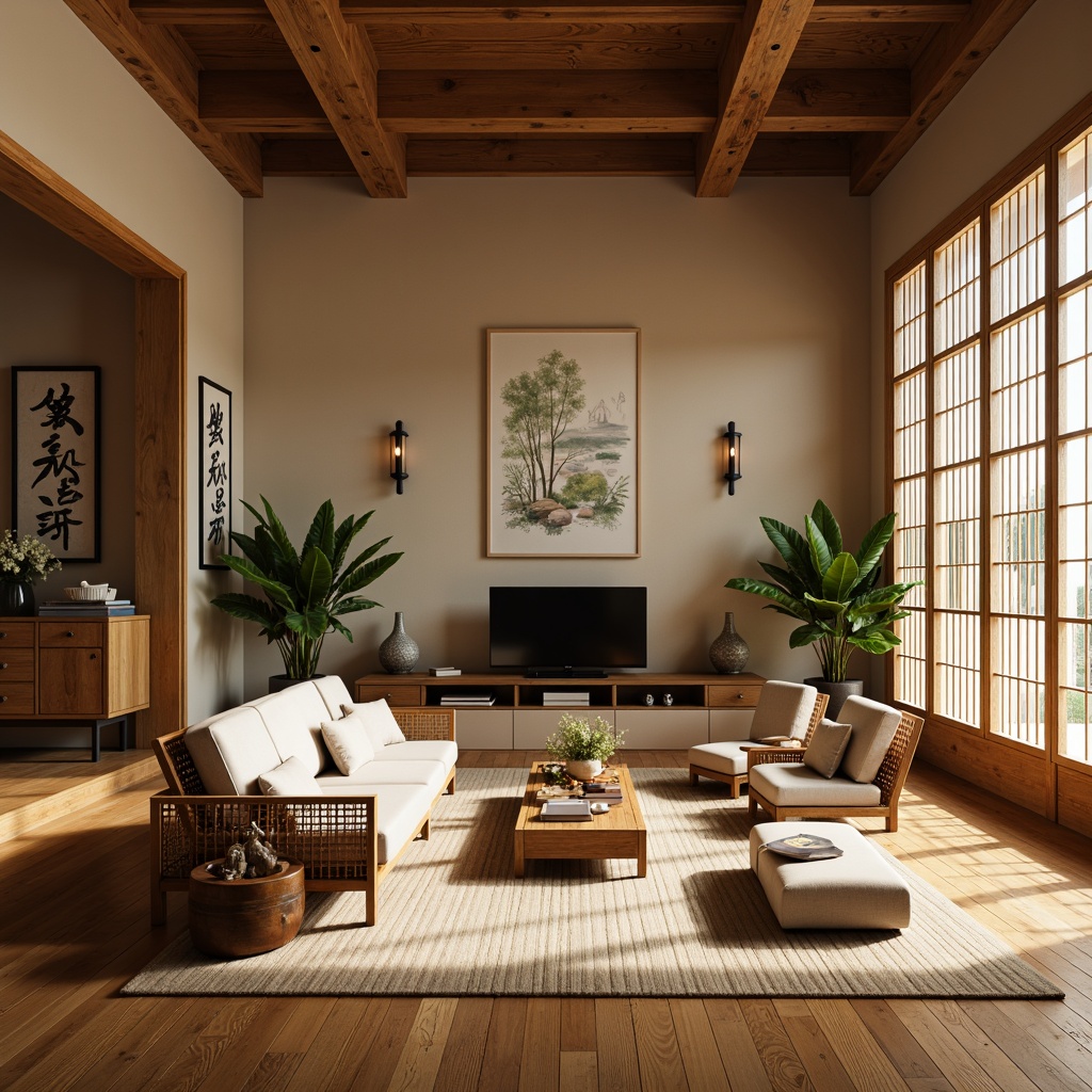 Prompt: Traditional Asian-inspired living room, minimal ornamentation, low-seated furniture, sliding shoji screens, natural wood tones, woven bamboo chairs, plush silk cushions, intricate carvings, hand-painted murals, subtle lighting, warm beige walls, polished wooden floors, lush green plants, delicate ceramics, ornate vases, elegant calligraphy, serene ambiance, soft diffused light, 1/1 composition, realistic textures, ambient occlusion.