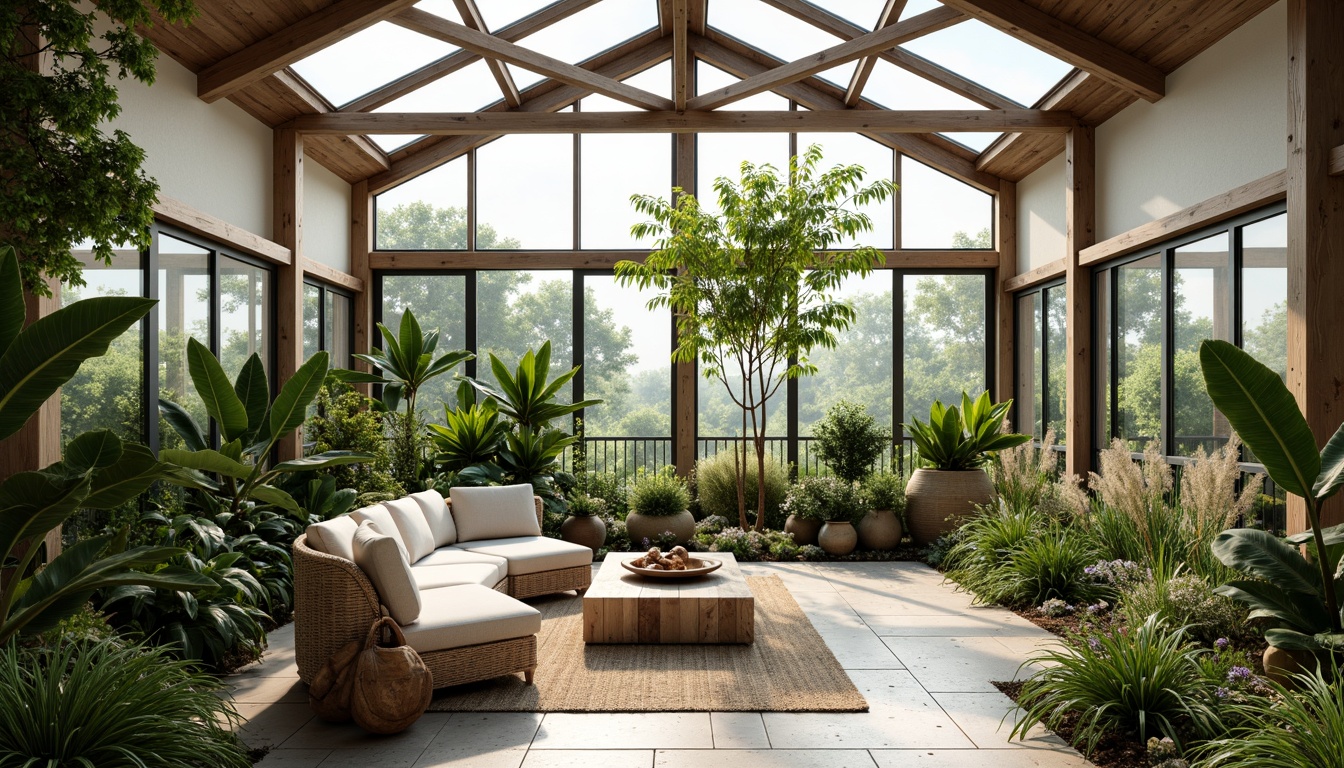 Prompt: Coastal style greenhouses, lush tropical plants, reclaimed wood accents, natural stone floors, ocean-inspired color palette, soft diffused light, clerestory windows, skylights, sliding glass doors, minimal metal frames, rustic wooden beams, driftwood decorations, woven wicker furniture, jute rugs, sea breeze, warm sunny days, gentle morning light, shallow depth of field, 1/1 composition, realistic textures, ambient occlusion.