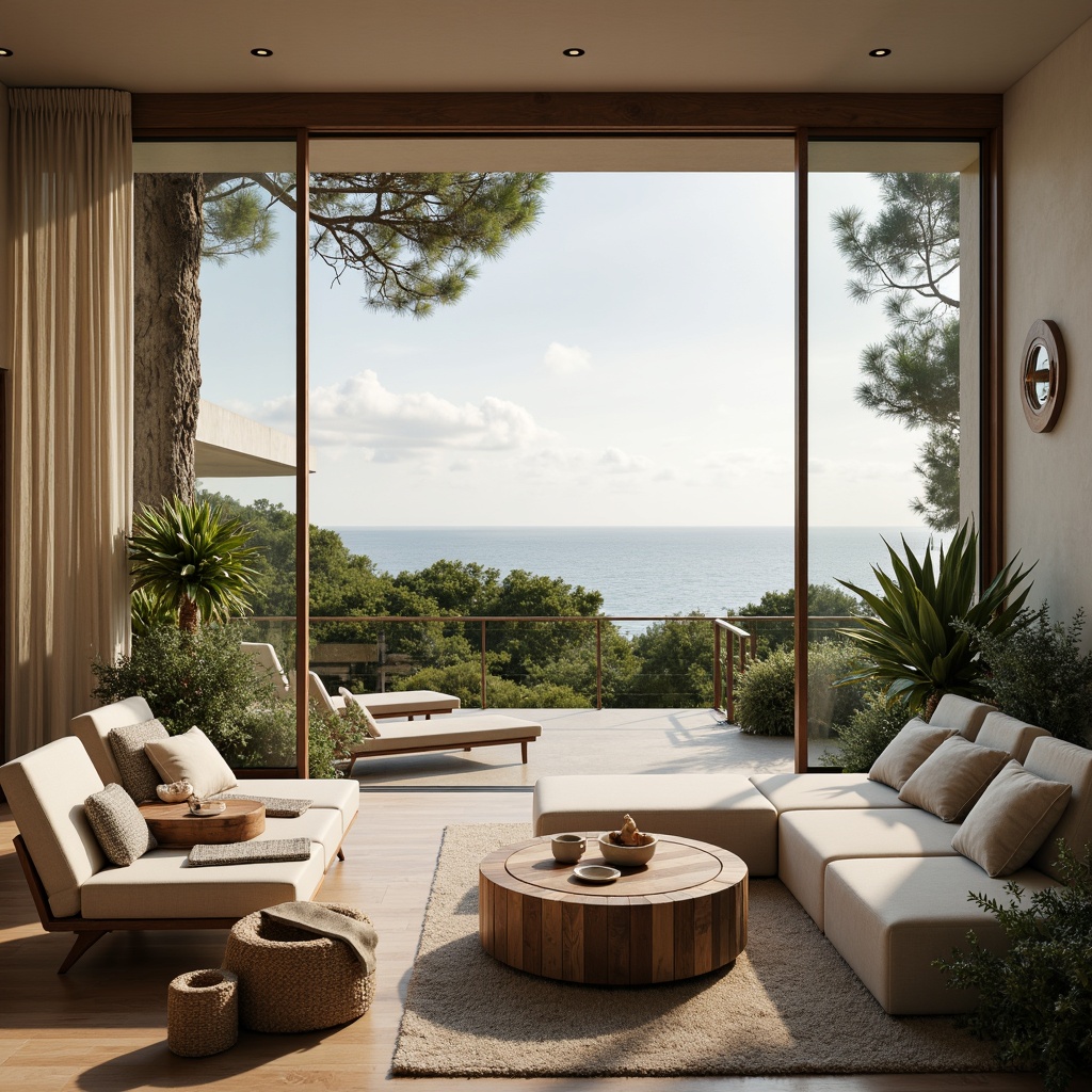 Prompt: Serene ocean views, calming sea breeze, warm natural light, soft beige walls, driftwood accents, comfortable seating areas, lush greenery, floor-to-ceiling windows, sliding glass doors, minimal ornamentation, soothing color palette, cozy reading nooks, plush area rugs, warm wood tones, minimalist decorative elements, tranquil atmosphere, relaxing water features, peaceful outdoor spaces, scenic coastal views, gentle ocean sounds, 1/1 composition, softbox lighting, realistic textures, ambient occlusion.