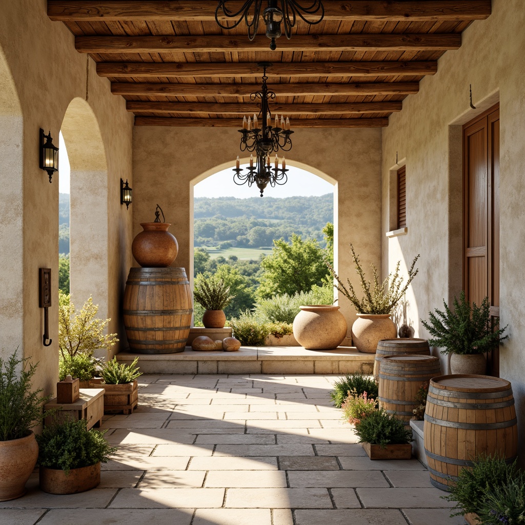 Prompt: Rustic winery, distressed wooden accents, soft pastel hues, warm beige tones, creamy whites, weathered stone walls, lush green vines, golden wine barrels, elegant chandeliers, ornate metalwork, vintage farm tools, earthy terracotta pots, lavender fields, sunny afternoon, soft diffused light, warm shadows, 1/1 composition, intimate atmosphere, realistic textures, ambient occlusion.