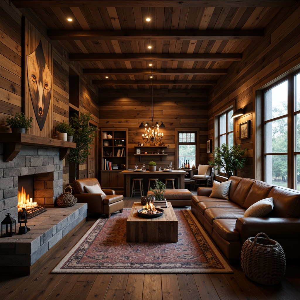 Prompt: Rustic cabin, wooden accents, earthy tones, natural textures, stone fireplaces, reclaimed wood walls, vintage metal lanterns, distressed leather furniture, woven wicker baskets, earthy scents, candlelit ambiance, soft warm lighting, shallow depth of field, 1/1 composition, intimate atmosphere, realistic renderings, ambient occlusion.