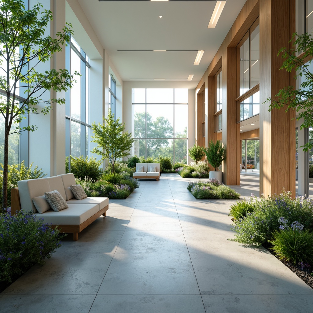 Prompt: Calming medical facility, soothing color scheme, gentle blues, whites, and greens, natural wood accents, soft warm lighting, comfortable seating areas, peaceful botanical gardens, serene water features, minimalist decor, calming patterns, subtle textures, relaxing ambiance, shallow depth of field, 1/1 composition, realistic renderings, ambient occlusion.