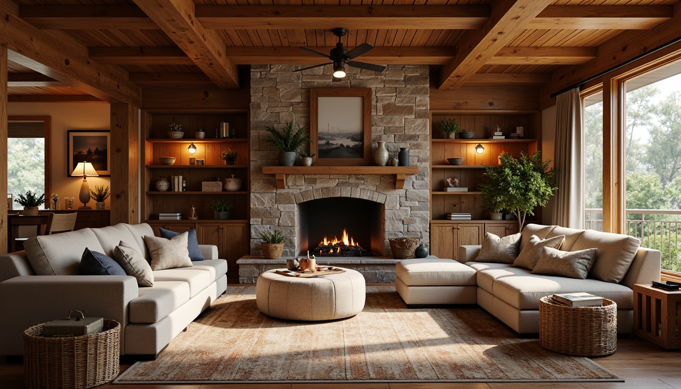 Prompt: Cozy Craftsman-style living room, rich wood accents, rustic wooden beams, natural stone fireplace, plush sectional sofa, warm earthy tones, woven baskets, vintage decorative items, soft warm lighting, shallow depth of field, 3/4 composition, realistic textures, ambient occlusion.