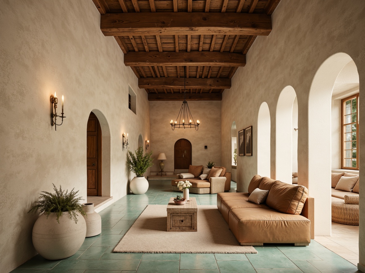 Prompt: Earth-toned stone walls, creamy white arches, rustic wooden accents, soft candlelight, warm beige floors, muted turquoise tiles, distressed leather furniture, natural fiber textiles, subtle golden hardware, minimalist decor, serene atmosphere, soft focus, shallow depth of field, 1/1 composition, warm neutral color palette, ambient occlusion.