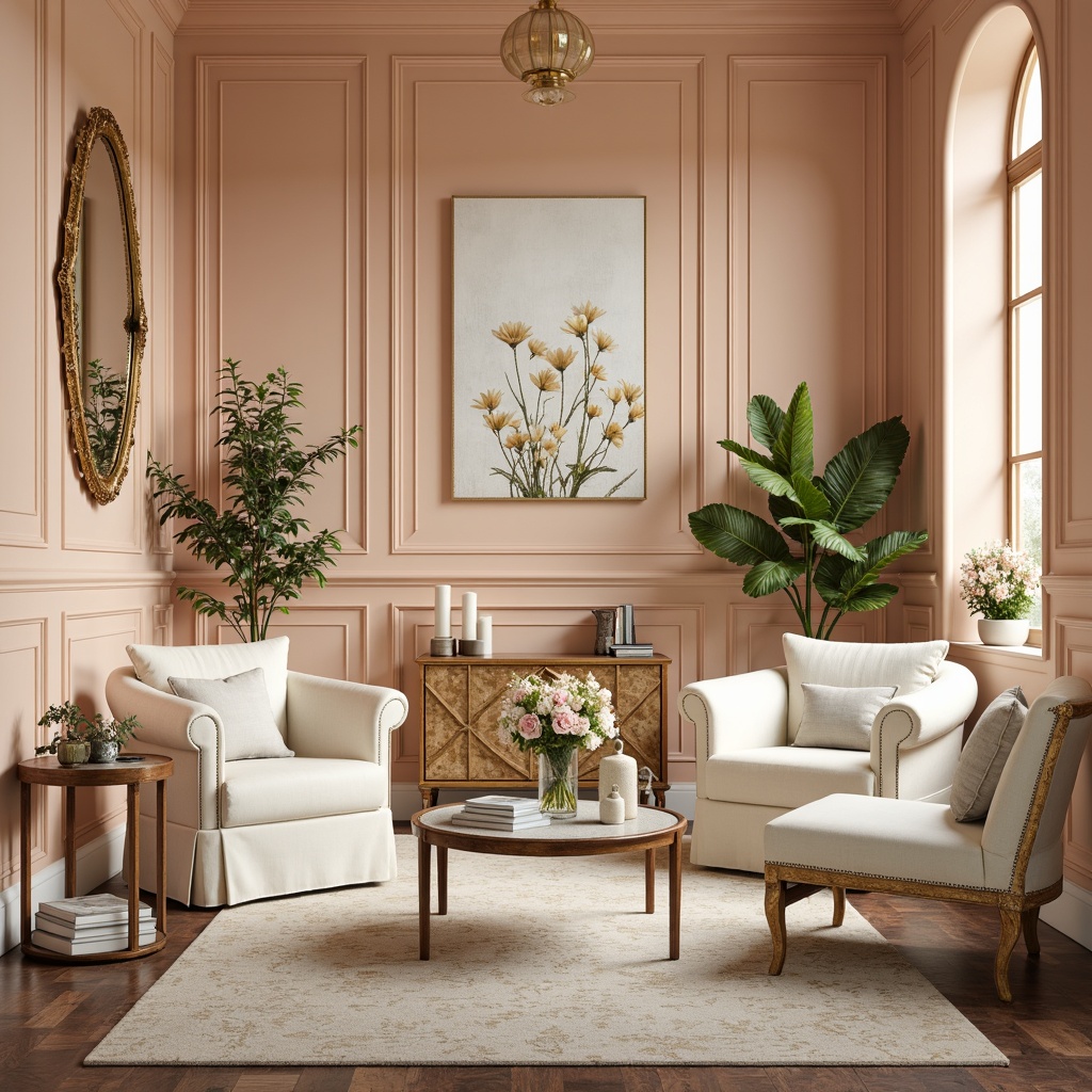 Prompt: Soft peach walls, ivory furniture, ornate golden accents, flowing curves, delicate florals, pastel hues, creamy whites, pale blues, minty freshness, lush greenery, natural wood tones, vintage-inspired fabrics, intricate patterns, subtle shimmer, warm candlelight, gentle morning light, 1/1 composition, shallow depth of field, realistic textures, ambient occlusion.